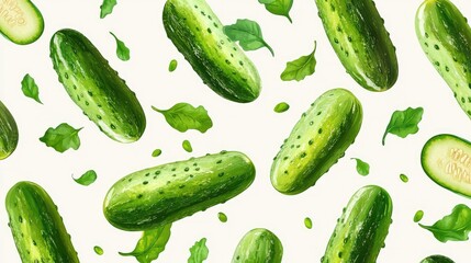 A vibrant pattern of fresh cucumbers surrounded by green leaves on a light background, ideal for food-related designs