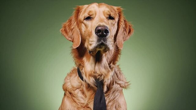 Funny portrait of a cute golden retriever dog sitting and talking on a green screen.