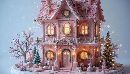 Enchanted Christmas Manor: A Pink Gingerbread House Adorned with Festive Lights and Winter Magic.