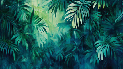 Lush jungle scene featuring vibrant green leaves and dense foliage creating a rich atmosphere of natural beauty and tropical wilderness.