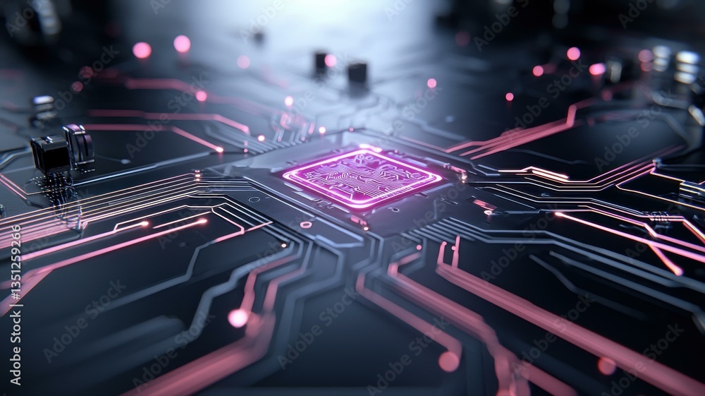 Aufkleber close-up of a modern microchip with glowing pink circuits, showcasing advanced technology and innova