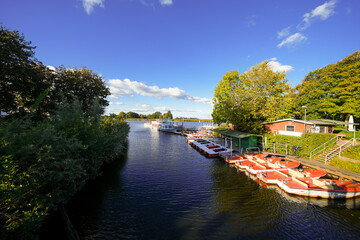 View of the canal and surrounding area in Friedrichstadt, a climatic health resort in North Frisia.
