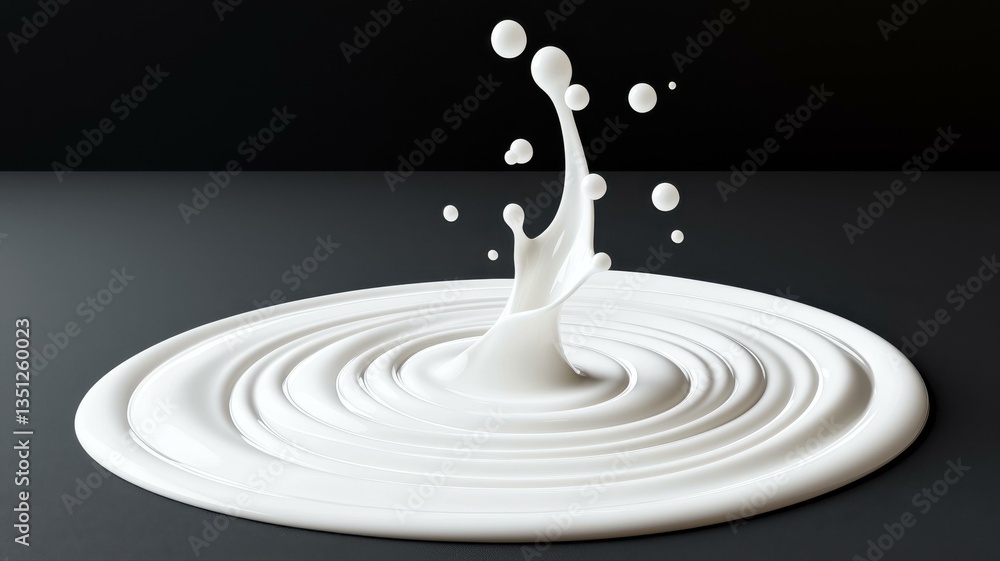 Poster close-up of milk splash forming artful patterns on a smooth black background, capturing motion and f
