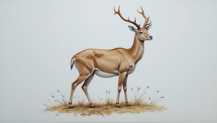 Fototapeta premium Realistic Portrait of a Standing Deer with Antlers in a Natural Landscape Setting