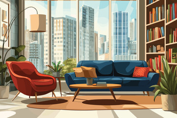 A flat vector illustration of an interior design scene featuring a cozy living room with modern furniture, large windows, and an urban cityscape outside.