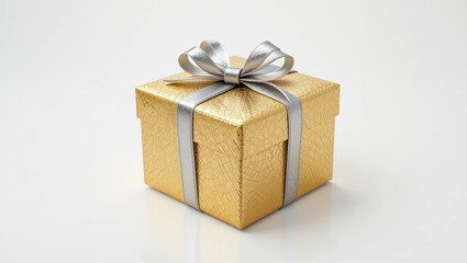 Shiny Gold Gift Box with Silver Ribbon and Glitter on a White Background for Celebrations