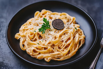 Pasta dish with truffle cream sauce and shaved parmesan