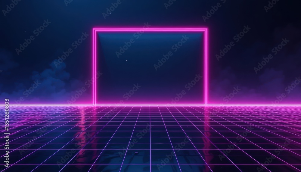 Aufkleber futuristic neon frame display virtual studio digital art cyberpunk environment wide-angle view illum