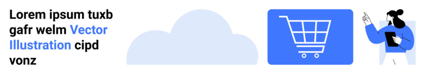 E-commerce cart inside cloud, professional holding a clipboard and pointing. Ideal for e-commerce, online shopping, logistics, SaaS, marketing, cloud computing, simple landing page