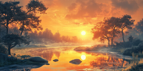 Obraz premium Peaceful Frozen Morning Scene as the Early Sun Rises to Gently Warm the Still and Silent Landscape sunset in the forest