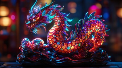 reate a photorealistic 3D render of a dragon-shaped salon lamp, adorned with vibrant neon psychedelic jewels, emphasizing the interplay of light and shadow on its multifaceted surface