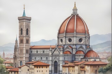 Obraz premium Majestic Renaissance Cathedral with Grand Dome Overlooking a Historic European Cityscape in Soft Morning Light.