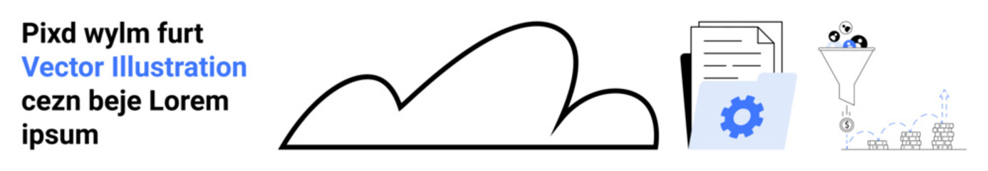 Cloud, documents, gear, filter indicating data processing, organization, automation workflow. Ideal for cloud computing, data management, business solutions technology workflow optimization