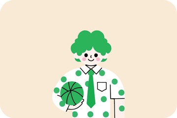 Unique Polka Dot Cartoon Character with Green Hair Holding a Vibrant Basketball in Whimsical Style