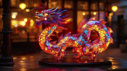 Fototapeta premium reate a photorealistic 3D render of a dragon-shaped salon lamp, adorned with vibrant neon psychedelic jewels, emphasizing the interplay of light and shadow on its multifaceted surface