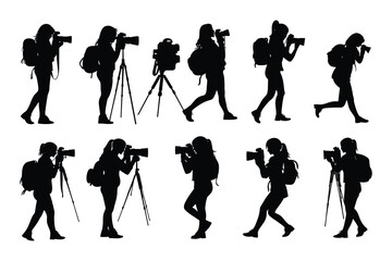Obraz premium set of female Photographers with camera various poses black silhouette collection.