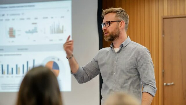 Business Presentation Featuring Data Charts and Professional Speaker in Office Setting

