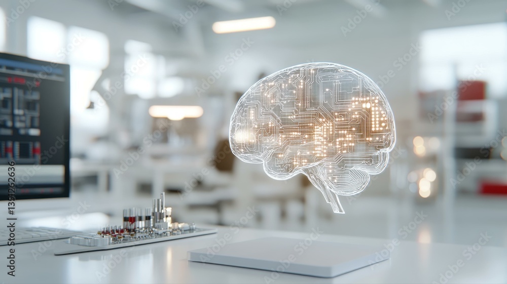 Poster digital brain hologram in modern lab showcasing futuristic ai and neural network technology innovati