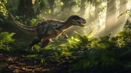 Small but agile Hypsilophodon foraging near a dense forest its keen eyes scanning for food The soft morning light casts long shadows across the lush prehistoric ground