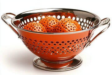 Orange Enamel Colander with Oranges on White Background