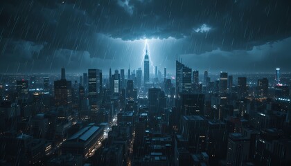 Naklejka premium Futuristic Cityscape Under Storm, Rainy night in a futuristic city with lightning.