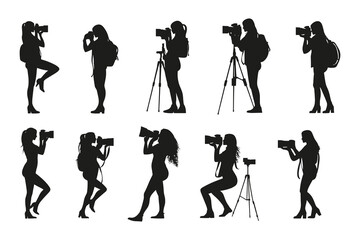 Obraz premium set of female Photographers with camera various poses black silhouette collection.