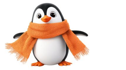 adorable cartoon penguin wearing a cozy orange scarf on white background