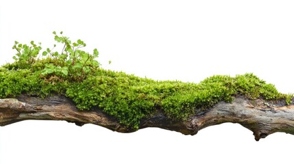 A close-up view of a moss-covered branch with vibrant greenery, set against a white background, ideal for nature themes