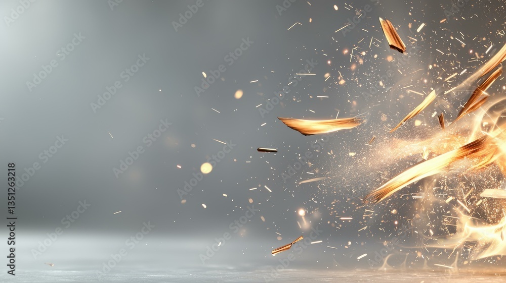 Poster dynamic explosion of wooden shards and sparks, capturing energy and motion in a modern abstract comp