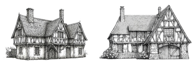 Obraz premium Two rustic, timber-framed houses with intricate detailing and steep roofs, showcasing traditional architectural style.