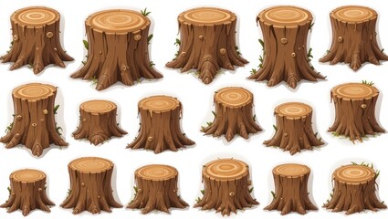 Collection of Various Tree Stumps with Different Sizes and Shapes in Natural Forest Setting
