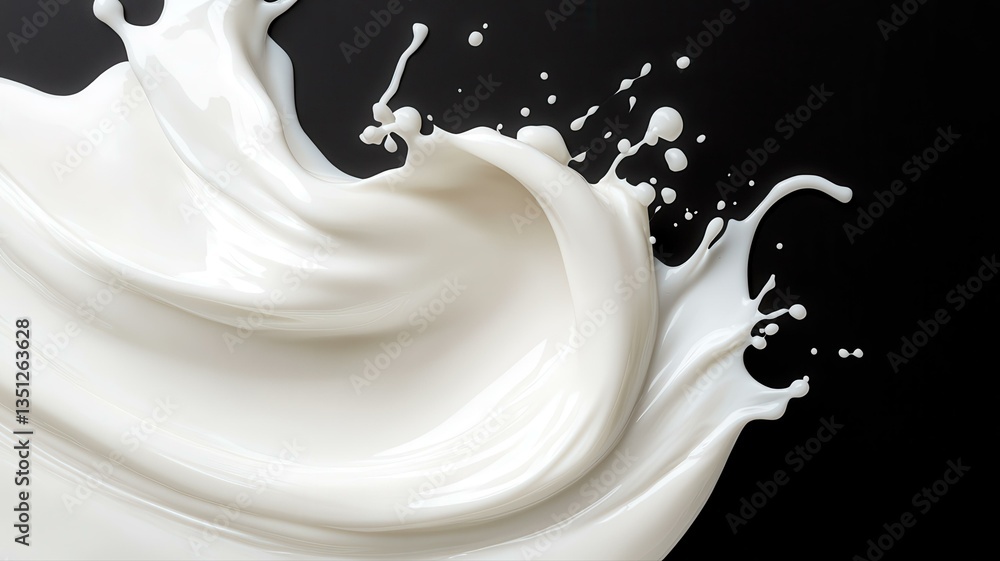 Poster dynamic splash of milk against a dark background creating an artistic visual impact.