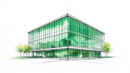 Fototapeta premium Contemporary Green Glass Building Design Illustrated with Trees in Surrounding Landscape