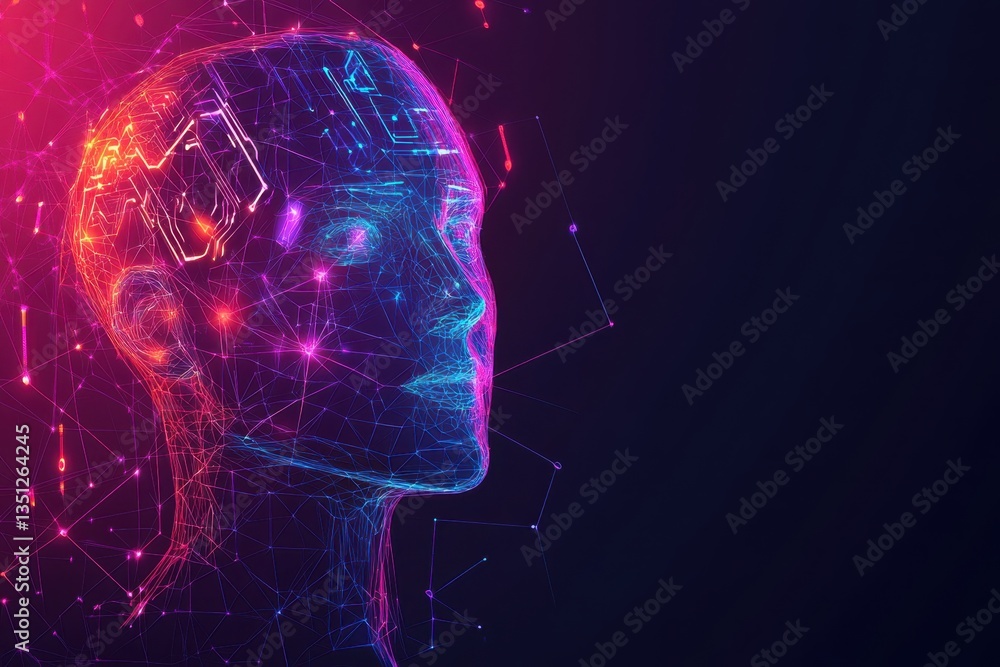 Aufkleber futuristic digital human face with abstract lines and neon colors representing artificial intelligen