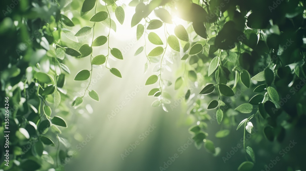 Poster sunlight filtering through lush green leaves, creating a serene atmosphere in a tranquil forest sett