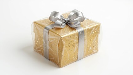 Elegant Gold Wrapped Gift Box with Silver Ribbon and Sparkles on White Background