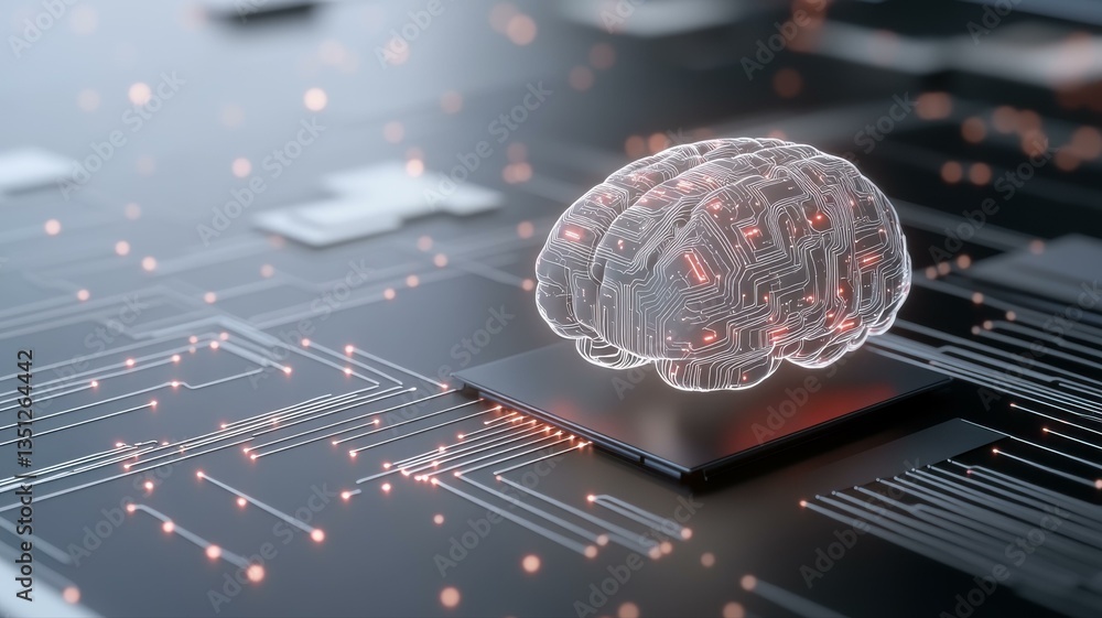 Poster futuristic ai brain on a digital circuit board, symbolizing advanced artificial intelligence concept
