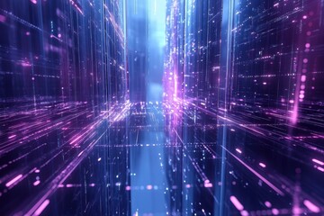Obraz premium Futuristic digital space with glowing lines and particles creating a vibrant tunnel, representing data flow and advanced technology dynamics