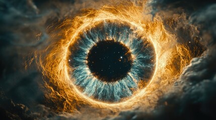 Cosmic Eye Nebula swirls around fiery iris; space background; abstract art