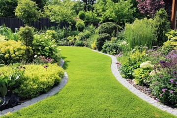 Lush garden pathway surrounded by vibrant flowers and greenery on a sunny day
