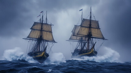 Obraz premium Two Ships Collide Amidst Stormy Seas, Symbolizing Nature's Unpredictable Power