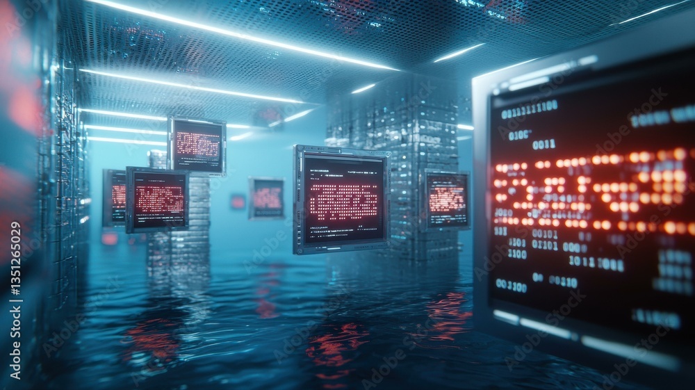 Poster futuristic data center with floating digital screens and neon lights in a flooded environment, refle