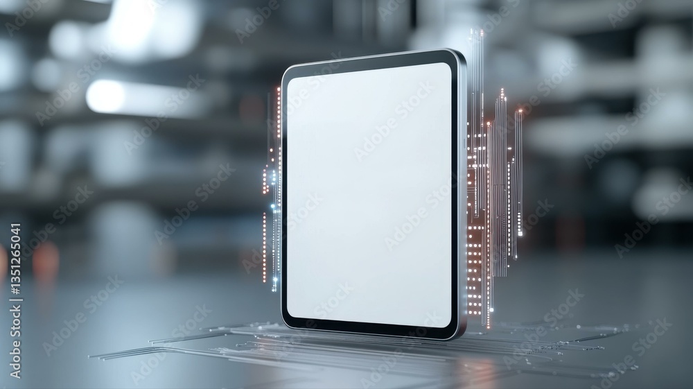 Poster futuristic data storage device with digital circuits in a modern tech environment, emphasizing innov