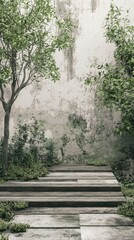 Rustic Modern Garden Scene with Greenery and Textured Background