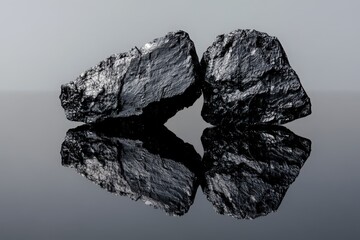 Fototapeta premium Two dark textured rocks are reflected on a smooth surface