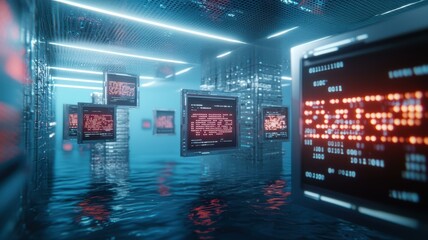 Futuristic data center with floating digital screens and neon lights in a flooded environment, reflecting innovation.
