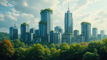 Futuristic Urban Landscape Featuring Skyscrapers Integrated with Nature and Green Rooftops