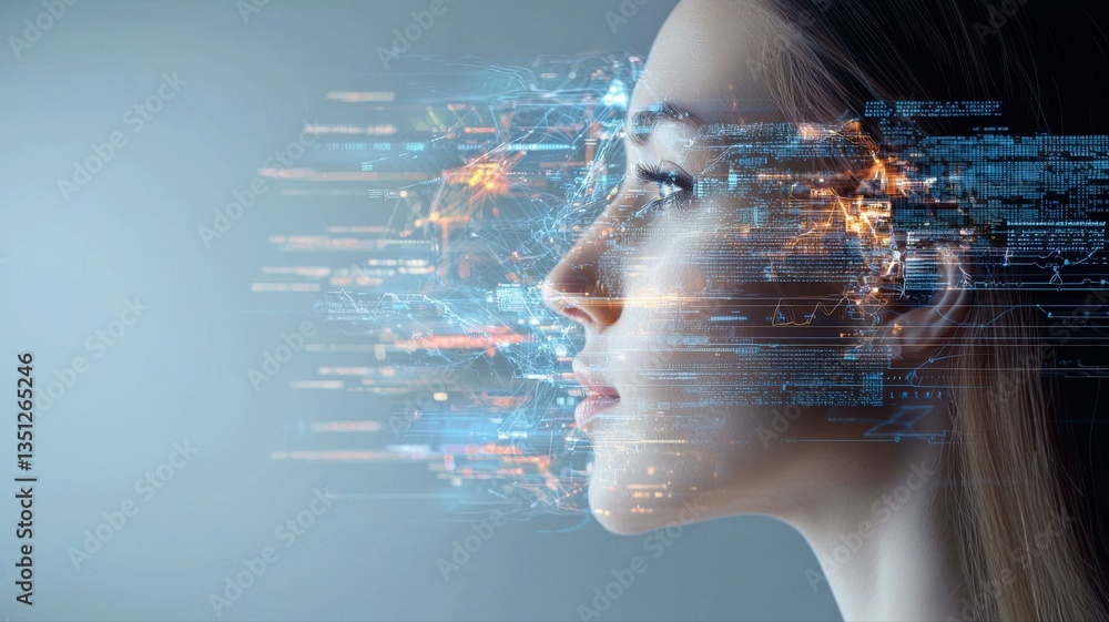 Aufkleber futuristic digital interface merging with human profile, symbolizing ai and technology integration.