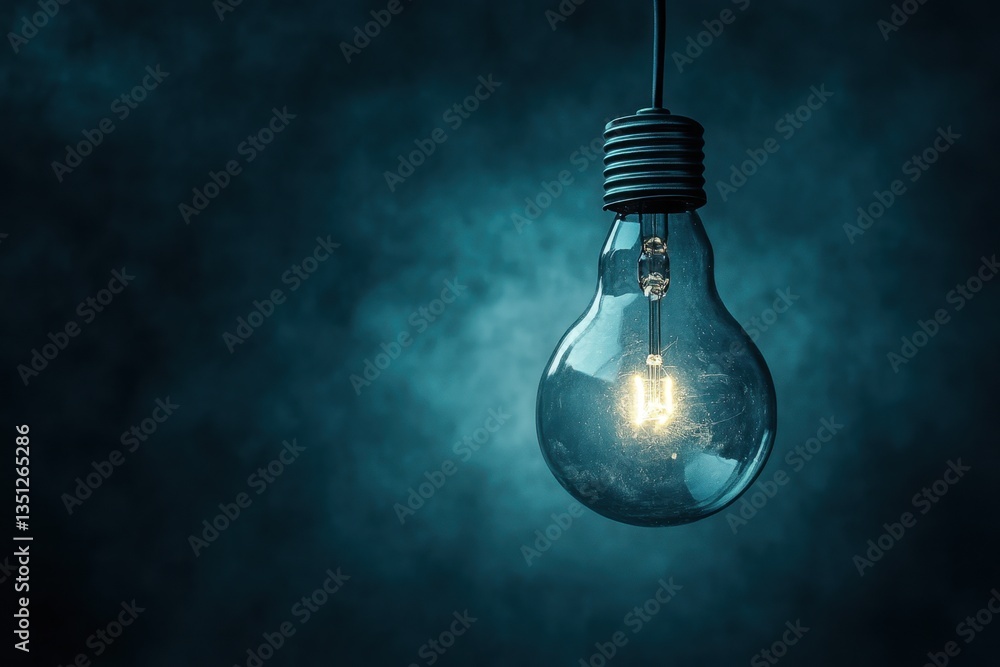 Poster hanging light bulb illuminating dark space with soft blue smoke background creating an atmospheric a