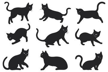 cute black cats silhouette on a white background. set of cat silhouette collection, Cats Silhouettes set. Cute cat silhouette set different various poses. 